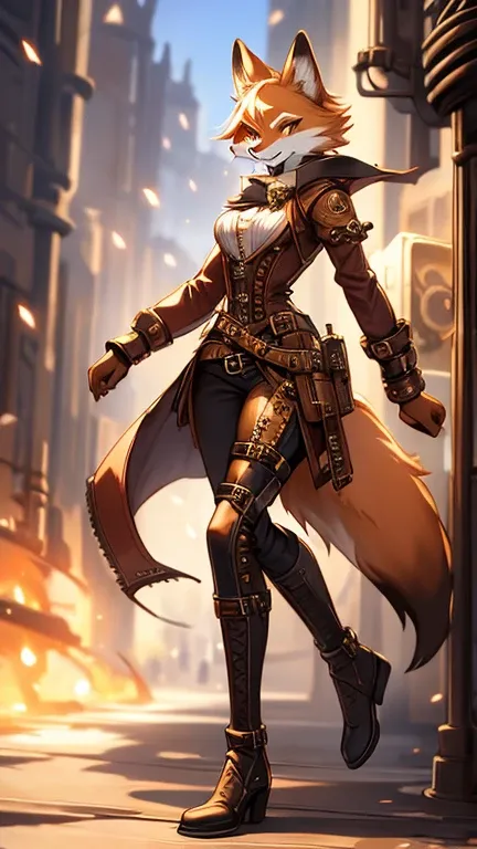 solo beautiful female red fox, smiling mysteriously, fangs, tall, slim, elegant yet wild beauty, steampunk leather clothes, long buckled boots