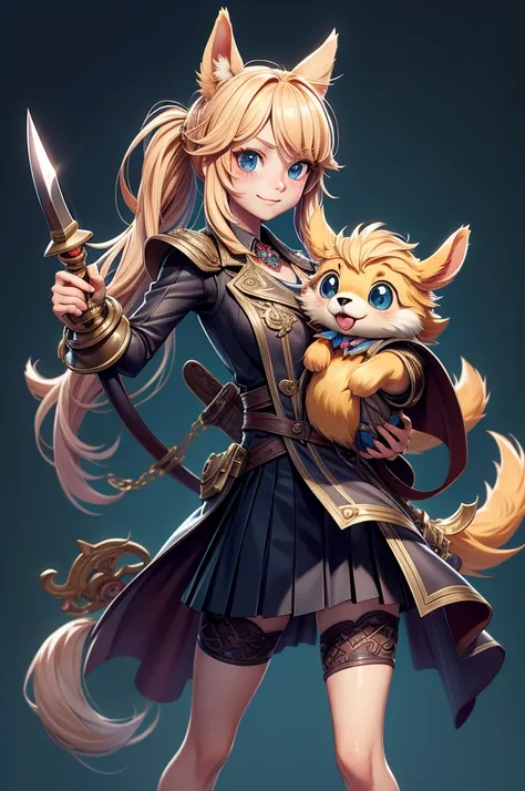 mascote  cute animal with weapons, girl,  mastery, realistic,  cute animal with weapons, gracious, high school costume with very short skirt