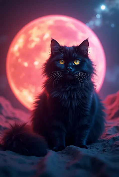 A digital image of a giant glowing neon planet, space, gallactica  ,fantasy,   dynamic lighting :1.1,  Complex Details , HD, 8 k, glowing neon light,  light haze ,Night ,stars , glow, very fluffy Siberian black cat realistic with beautiful big yellow eyes ...