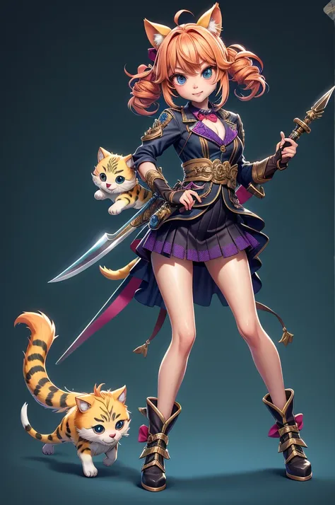 mascote  cute animal with weapons, girl,  mastery, realistic,  cute animal with weapons, gracious, high school costume with very short skirt