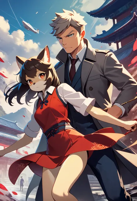 movie poster, movie artwork, concept art of love, romance novel cover, highres, top quality, best quality, perfect artwork, absurdres, perfect anatomy(couple, young 1male detective, 1woman in Chinese dress)(furry, kemono, anthro))with some elements of 007,...