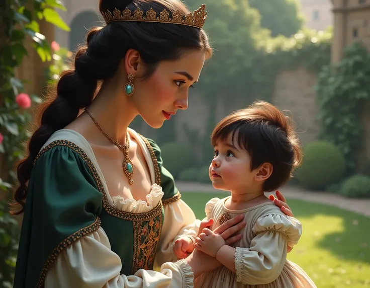 Uma rainha de  dark brown hair ,  greyish blue eyes , Pinkish skin and delicate European features teaching a  baby,  dark brown hair , light blue gray eyes, pink skin and delicate European features in the castle garden . All wearing medieval clothes .