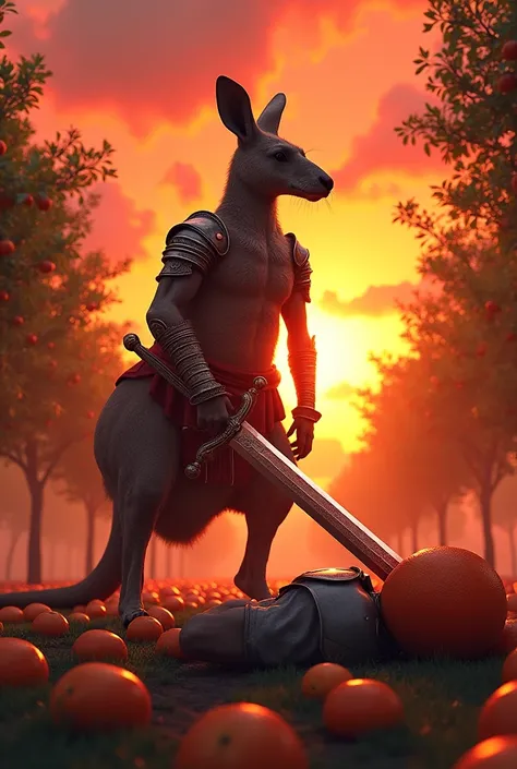 Create an image where you can see a Spartan kangaroo with its sword that sticks it into the chest of a Roman with a tangerine head lying on the ground and around it there are many tangerine trees under a red sunset 