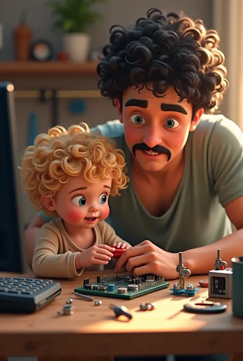 Blonde curly haired baby assembling computer parts with father curly black hair and mustache