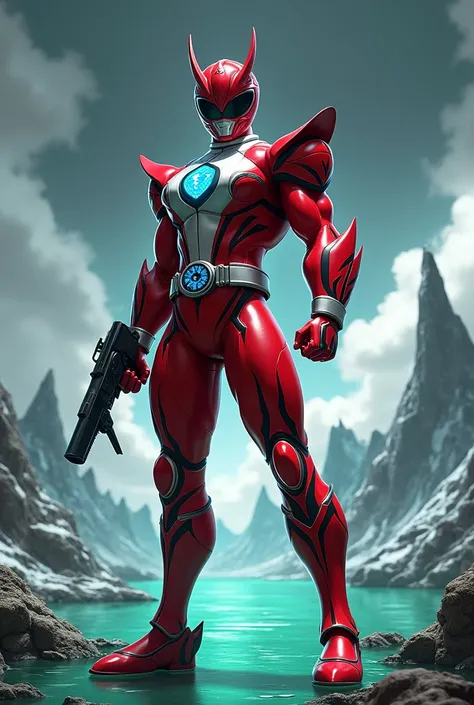 a Super Sentai in a vibrant red and white suit with a blue logo on the chest and arms. The suit is detailed with black and red accents. The Super Sentai is holding a gun in the right hand and a knife in the left hand., the background is a green Mercury sur...