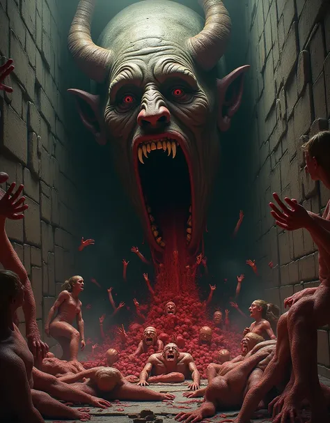  I want an image based on the game Dantes Inferno ,  the chapter The Descent into the Blind World , It is a prison-like wall with flesh ,  where there are many bodies locked in the ,  on a wall in the background you can see a demonic face coming out of the...