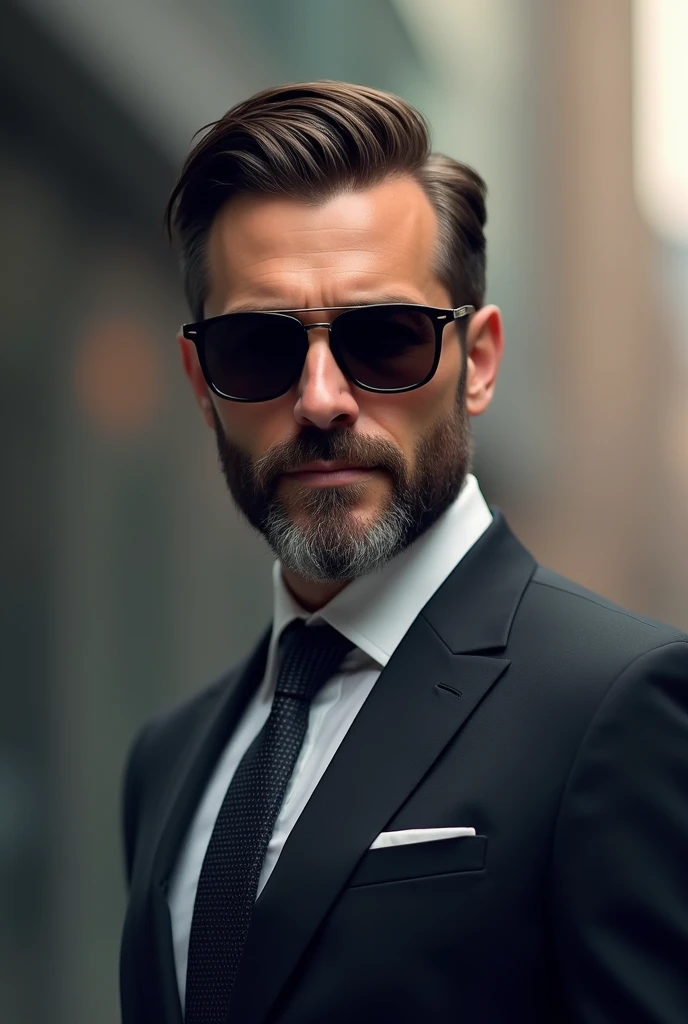 Create the profile picture of a wealthy bearded man with dark glasses successful in life, From afar and posing
