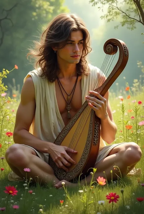 Young Orpheus playing his lyre instrument in a meadow 