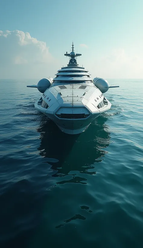  create a 3D video of a futuristic spaceship emerging from the depths of the ocean, with water effects and realistic lighting ,  as the camera approaches the ship and reveals details of its structure and design .