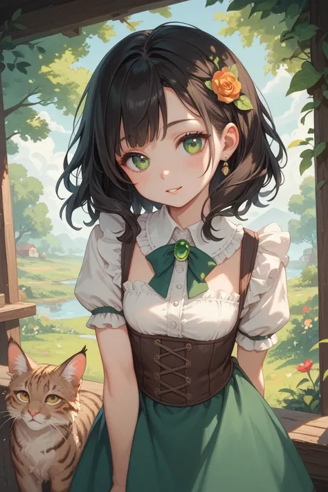 A young black-haired girl with emerald-colored eyes. Her hair is neatly tucked behind her back.. Her face is decorated with complex patterns resembling lines and markings that can be seen on the skins of wild animals, the patterns are made in green, brown ...