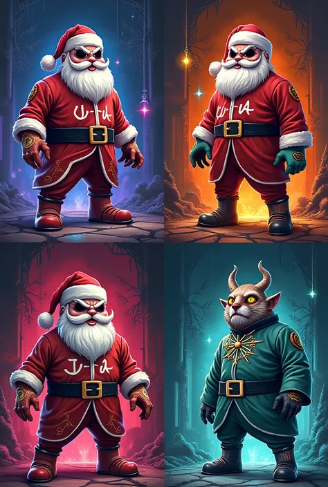  Make an image with 4 Jojo bizarre adventure stands with each one being Santa Claus, papai halloween, And Santa Claus .  Make the four each one in a square with the names representing them 
