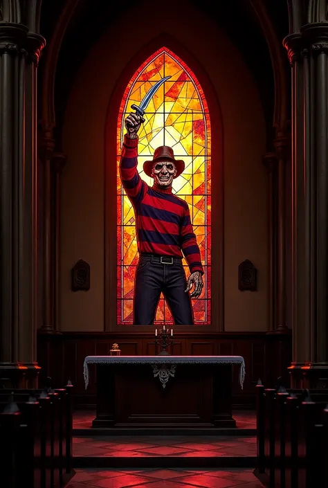  Colored stained glass window with the image of Freddy Krueguer with his blade claw held high,On the altar of a dark church 