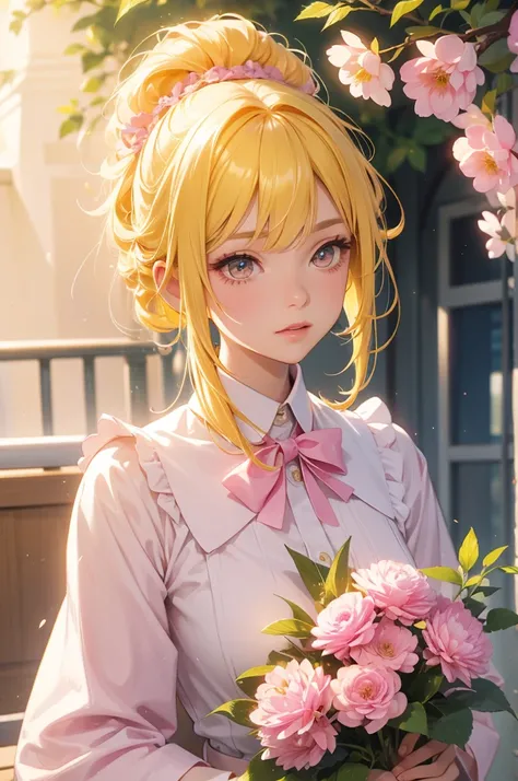 best quality, female, yellow hair, uniform, pink flower in hair,