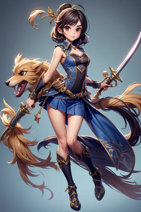 mascote  cute animal with weapons, girl,  mastery, realistic,  cute animal with weapons, gracious, high school costume with very short and thin skirt, Super low-cut costume showing too much body