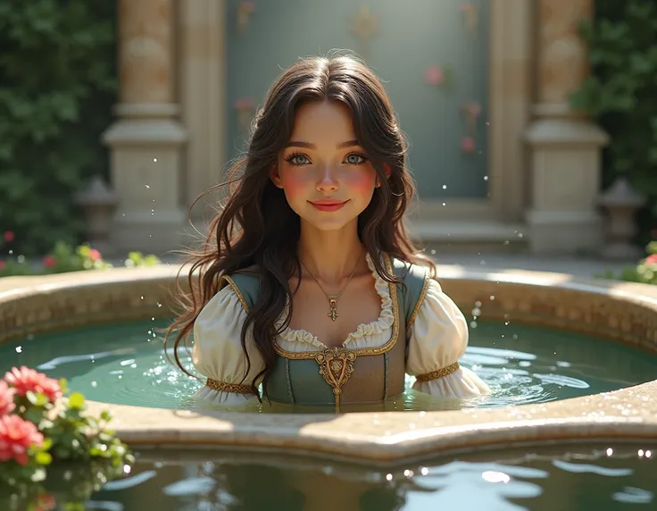  A princess with dark brown hair , light blue gray eyes, rosy skin and delicate European features entering a fountain in the castle garden to have fun.  with medieval clothes .