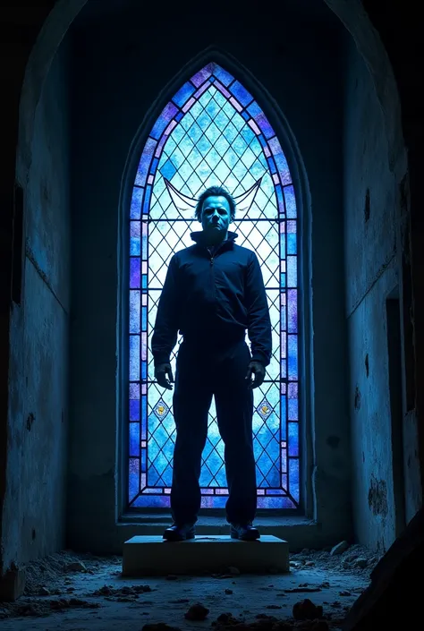 Blue and purple stained glass window with the image of Michael Myers on the altar of a ruined Gothic church