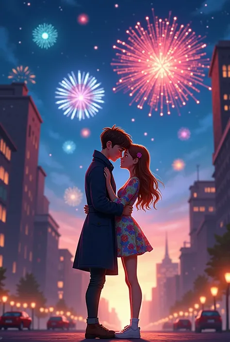  I want an animated image vertical size .  That the girl wears a colorful outfit and the boy a black or brown trench coat. Both hugging , I want them far away ,  like on a street under a sky with fireworks 