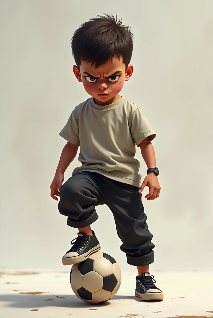 Image of a boy in black pants with one foot on a ball and very angry 