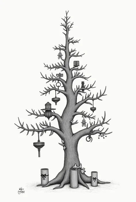 draw with a pencil :  On the tree, parts of the fittings should be hung  (for example, ball valve handles )  they should decorate almost the entire tree .  There should be 4 cylinders ,  At the base of the tree, there should be 4 cylinders {x}, two larger ...