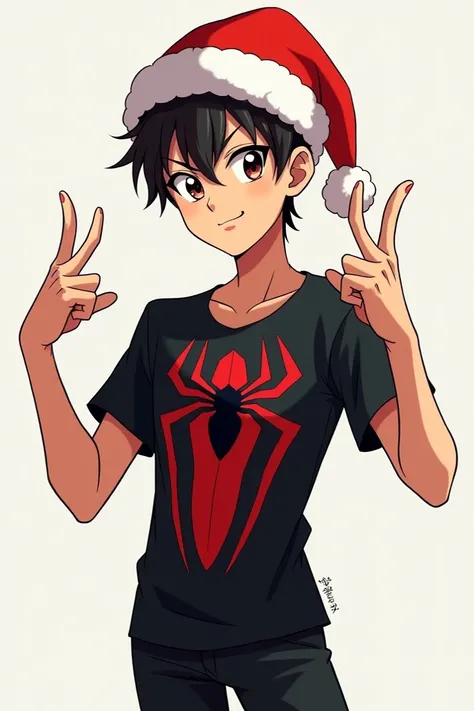 Anime man Spider-Man shirt black brown hair with Christmas hat black pants with 2 fingers pulled out