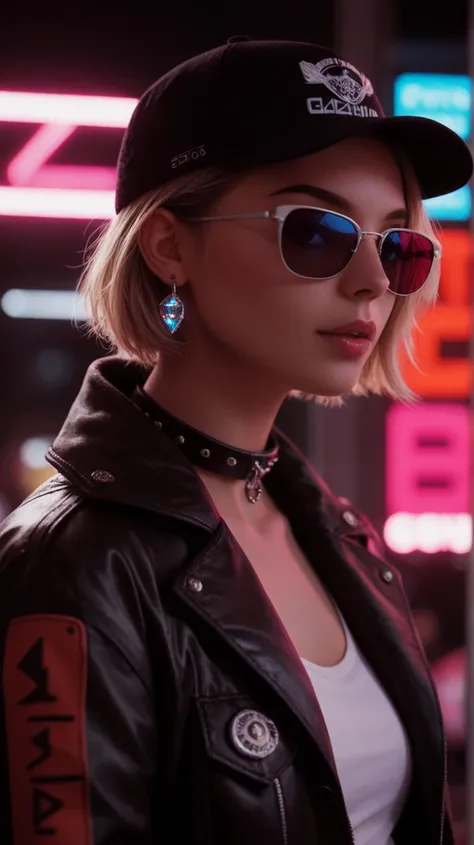 plano cercano del rostro, Alternative girl,  looking over black sunglasses , jacket, collar,  neon light reflections on the skin , earring, make-up,  skin imperfections ,  short hair , cap, neon light background , low light,  depth of field , highly detail...