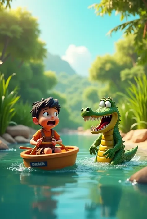 Create a vibrant 3D animation scene where the ’s boat is startled by a cartoon crocodile popping up from the water, with the  playfully screaming in surprise. The crocodile should have a friendly, non-threatening look, with a big smile, and the background ...