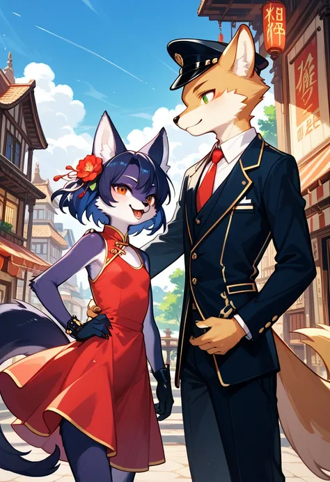 movie poster, movie artwork, concept art of love, romance novel cover, highres, top quality, best quality, perfect artwork, absurdres, perfect anatomy(couple, young 1male detective, 1woman in Chinese dress)(furry, kemono, anthro))with some elements of 007,...