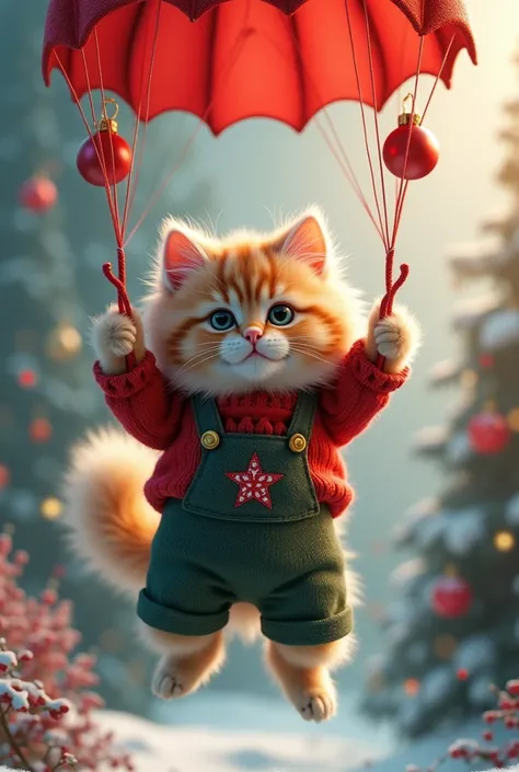 fluffy ragdoll cat hangs from a parachute with Christmas baubles on it,wearing Christmas knitted sweater and overall, background Christmas 