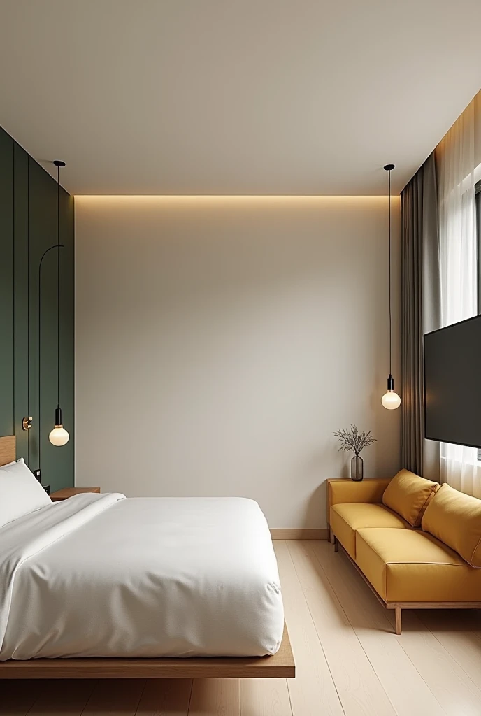  hotel bedroom , minimal style ,  light colors cream and gray and green dark powder,  wooden headboard bed ,  hanging bedside tables ,  hanging lamps slim design black and gold glass ,  ochre yellow two-seater sofa ,  hanging desk with fridge bar underneat...