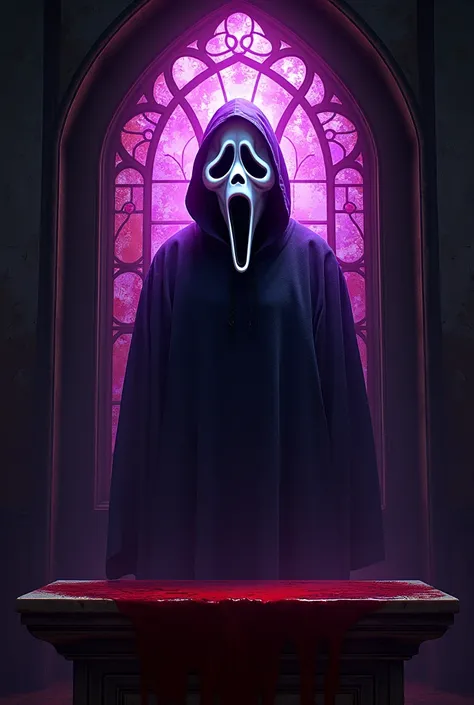  Stained glass window in shades of purple , with the image of Ghostface ,  on a blood-stained church altar