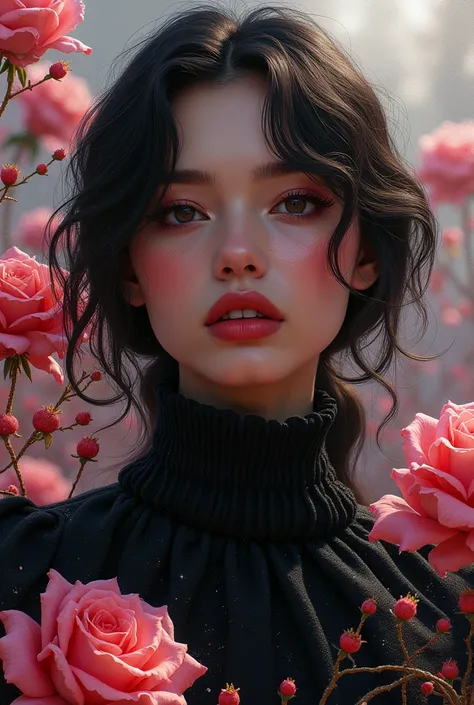 A masterpiece of digital painting, a Prima woman, beautifully fashionable, stylish, black and smoky style, golden glitter, smoke, winter berry, a rose garden with frost around, neon colored lines, floral, hyperdetalization, drawing details, fine edges, smo...