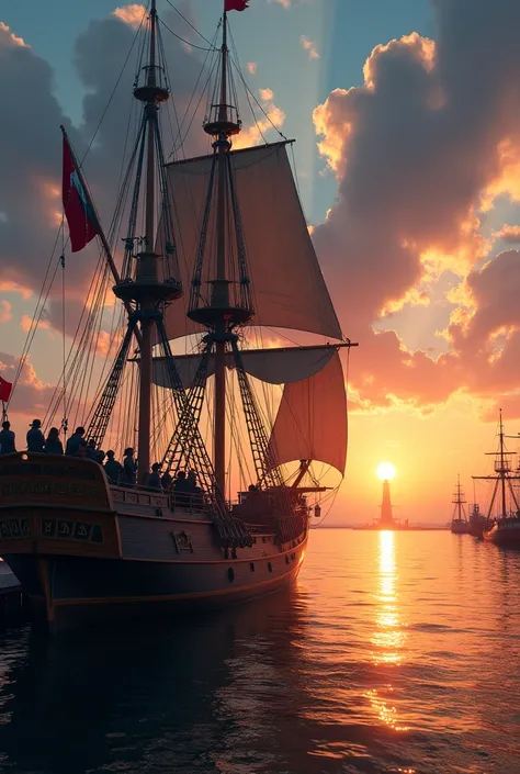 In his dream Caleb sees his ship-- A 1700s two masted Brigantine docked at Boston Harbor. The flag of friendship at top of mast. Caleb and his               
     friends who are now his crew are on board the ship. They are all pirates. It is early dawn an...