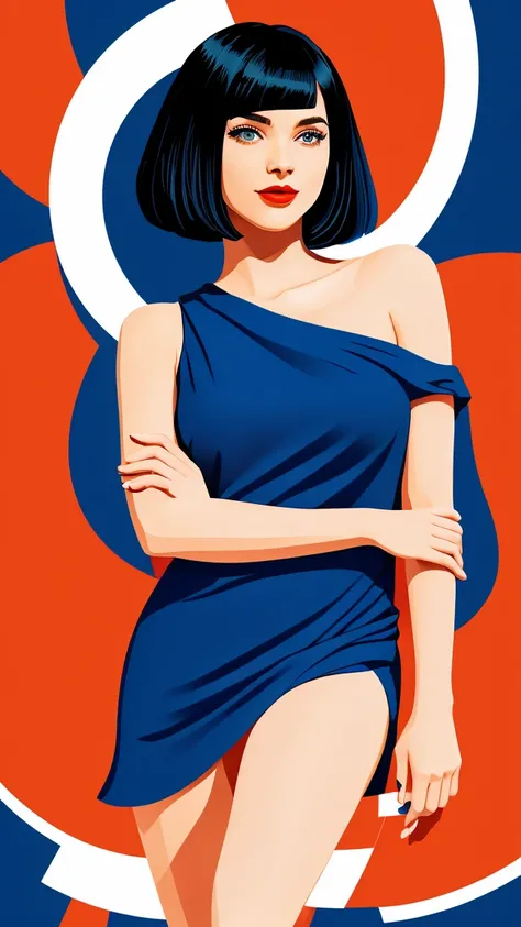  Create a flat illustration of a realistic female character with a black bob cut, striking blue eyes, and red lips. She is wearing a dress featuring an orange ruffle off-the-shoulder top, showcasing her bare shoulders. The character has a warm smile, exudi...