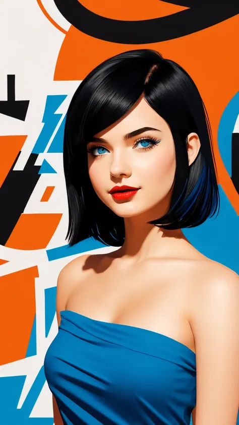  Create a flat illustration of a realistic female character with a black bob cut, striking blue eyes, and red lips. She is wearing a dress featuring an orange ruffle off-the-shoulder top, showcasing her bare shoulders. The character has a warm smile, exudi...