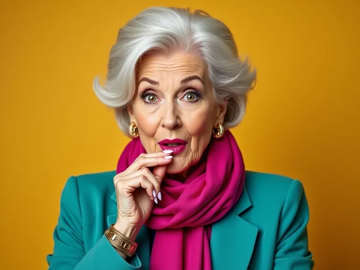 "A highly detailed, photorealistic image of a stylish older woman, around 50-60 years old, with perfectly styled silver hair. She is wearing a vibrant, fashionable outfit (teal blazer, magenta scarf, and gold accessories) and has an expression of playful s...