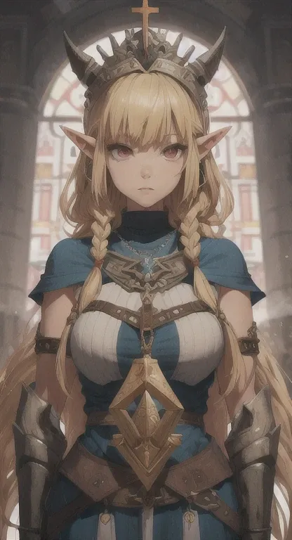 Ancient Hylian, Yggdrasil princess , Hylia, blonde, red eyes, bandit braids, looking at viewer, long messy hair, ancient Hyrule, ancient priestess armor, holy tattoos,