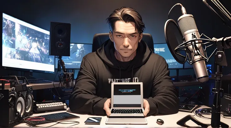 Create image  " sitting in front of his computer desk holding a microphone and laptop, Future-oriented,  black hoodie and , The name of the channel is written on it  .  Various recording equipment . facing the camera .40 year old dark haired anime man wear...