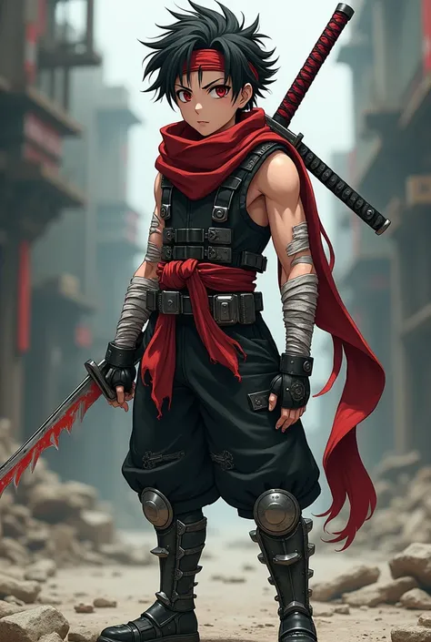 An anime guy that is 5,4 ft tall, has Black messy, spiky hair and Red eyes, wears a long torn scarf, also wears bandages around his arms,  metal boots with metal spikes on the toes of the metal boots, he also wears a red headband on his head, a sleevless b...