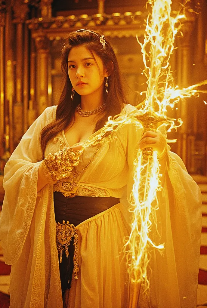 a 70mm lens photograph of a striking a vibrantdb4rz,,full body shot, a valkyrie warrior priestess, with diaphanous white robes a...