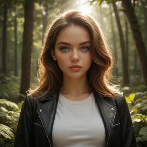 A young woman with fair and luminous skin ,  with light blue eyes and long, wavy brown hair ,  with a warm tone and natural reflections .  Her lips are thick and well defined .  She wears a matte black leather jacket with silver zippers and a white crew ne...