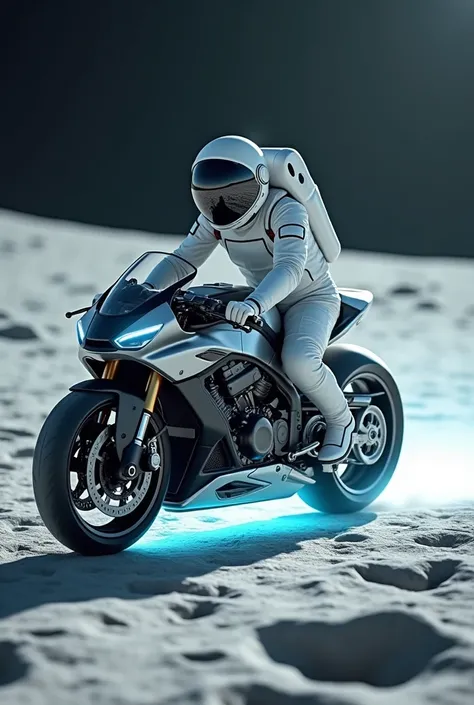 Astronaut in full white suit riding a sport bike on the moon with slight neon underglow

