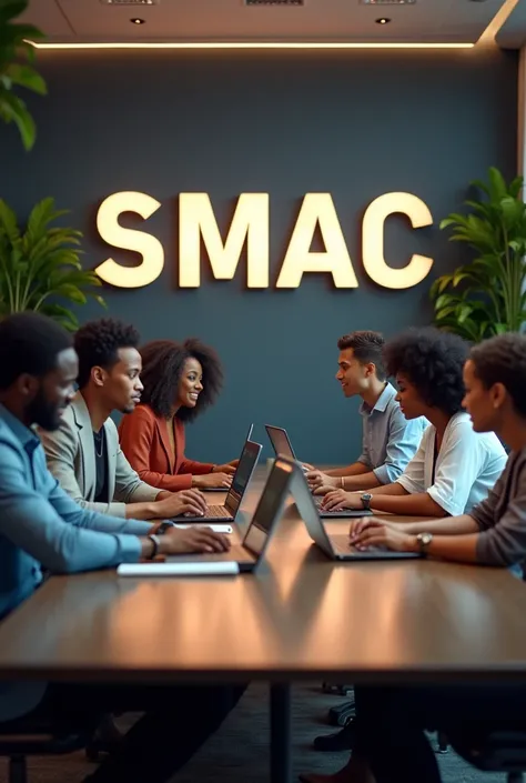 Office, meeting, or workspace images conveying productivity and collaboration. It should have photos of 6 Nigerian Ladies and men, with laptops and phones on the table. On the wall, the word "SMAC" is boldly written clearly. The space is executive wide spa...