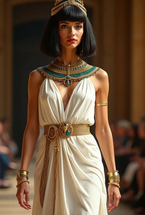 Represent Cleopatra (((short hair))) (((large nose))) mixed skin race in a fashion show, (runway:3) full body, although historically a queen and not a goddess, she was worshiped almost like a deity in Egypt due to her intelligence, charisma and political s...