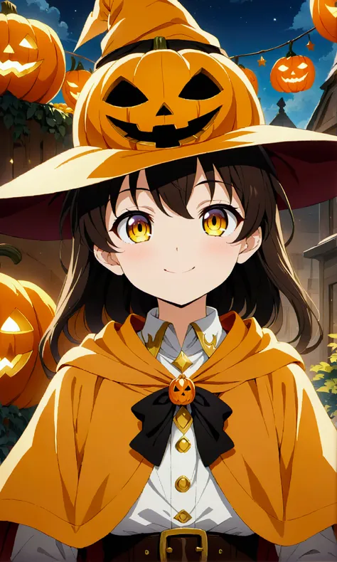 The guy in the pumpkin mask, masterpiece,  better quality,  In detail,  Ultra high definition , looks straight , wizard&#39;s hat, , anime, Anime style,  Smile , yellow eyes, 