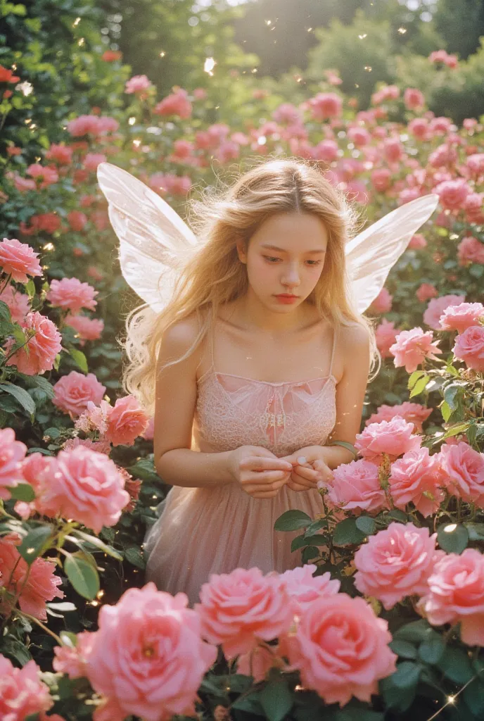 in a field of pink roses, a beautiful blonde fairy is drawing an oracle card. around her, cute butterflies are fluttering, scatt...