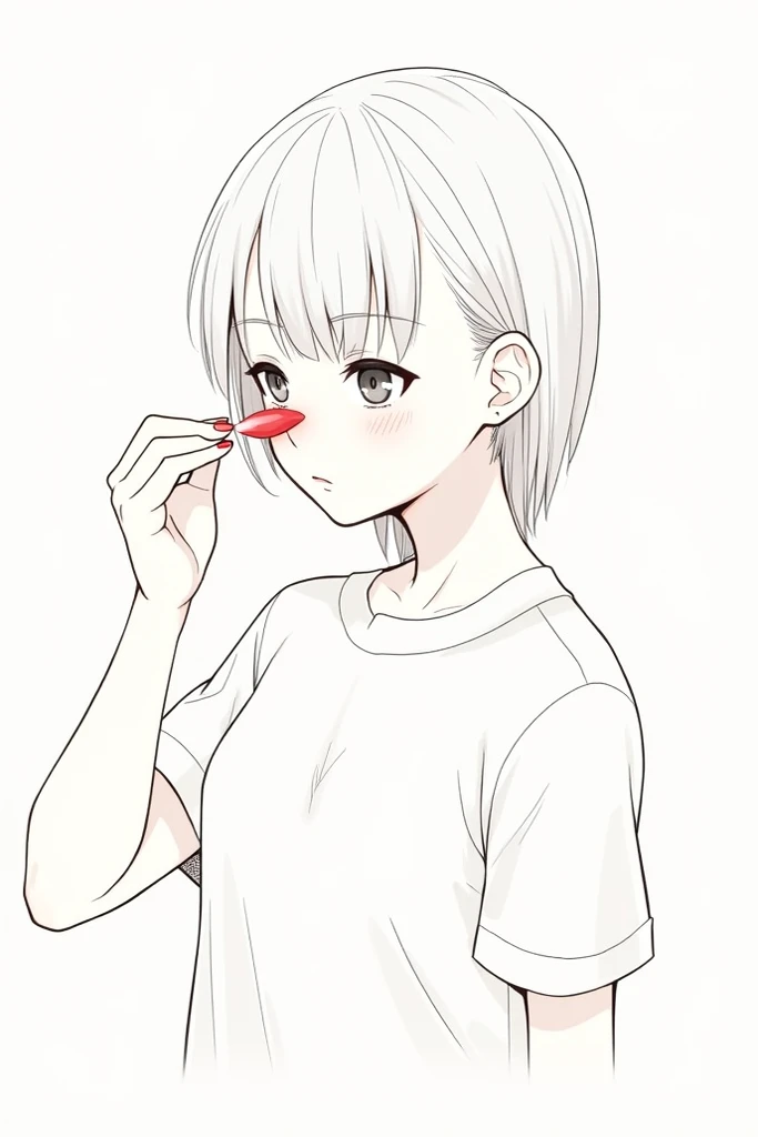 Make a lineart of a girl cleaning the red liquid off her nose with her right hand