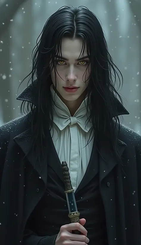 A tall, thin young man with a handsome face and perfect fine features,  Long black hair,  yellow eyes , beautiful black eyebrows, A vampire, a thoughtful expression on his face, with a snow-white shirt and a black cape, a dagger in hand