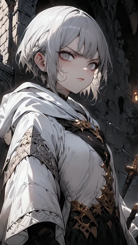 (masterpiece), (((award winning art))), (((highly detailed))), (dark fantasy setting), 1girl, solo, grey eminence girl, short grey hair, grey eye color, simple robe with hood, dagger, serious face expression, small breasts size, cowboy shot, ((full body po...