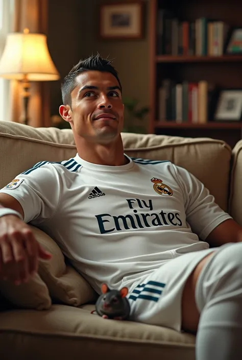 Cristiano Ronaldo is wearing a Real Madrid kit. He is sitting in a family house. He is sitting in a family house, lying on Erika, lying on his couch, afraid of the mouse and afraid of the mouse