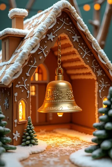 I want to create a house made of cardboard that they call Christmas gingerbread and that has a Christmas bell in the middle near the ceiling and inside the bell I say make Christmas feel in my school